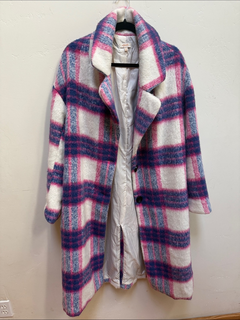 White Plaid Long Coat with Pink & Blue Checks